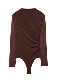 Bodysuit s dlouhým rukávem v tmavě hnědé tkanině, s řaseným designem na zádech, hladkou texturou a vystřižením ve stylu tanga na spodní části.