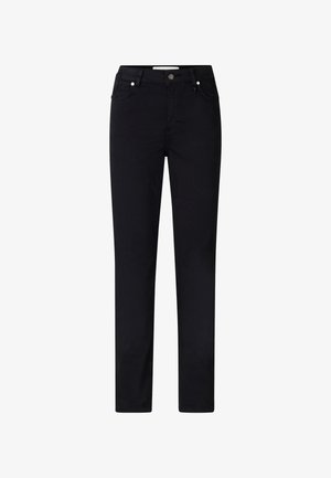 Schwarze Jeans mit geradem Bein, gefertigt aus einer weichen Baumwollmischung. Verfügt über Standardtaschen und einen Metallknopfverschluss am Bund.