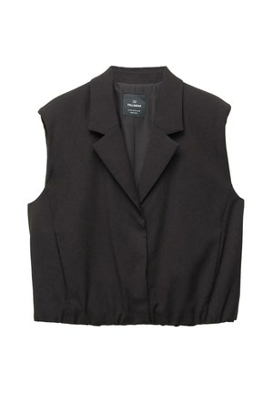 Svart ärmlös väst med krage, med en cropped design och en samlad nederkant. Tillverkad av ett slätt tyg med minimala sömnadsdetaljer.