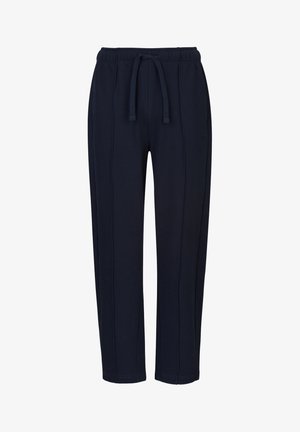 Navyblauwe casual broek met elastische tailleband en trekkoord, rechte pijpen en subtiele verticale stikdetails.