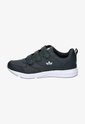 Dunkelgrauer Sportschuh mit Klettverschluss, Netzfutter und weißer Gummisohle. Verfügt über ein kleines Logodetail in der Nähe der Ferse.