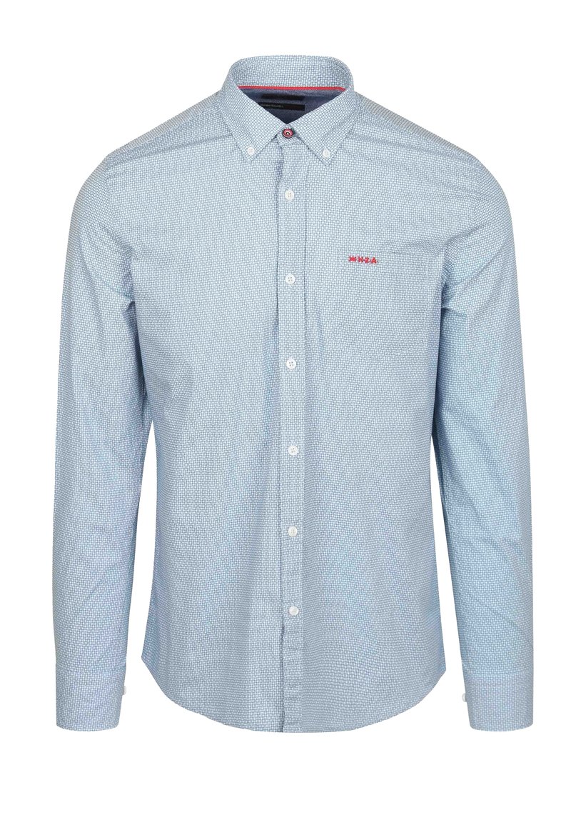 Lichtblauw overhemd met knopen, voorzien van een micro-patroon, lange mouwen en een zak. Heeft een rood logo op de borst en contrasterende manchetten.