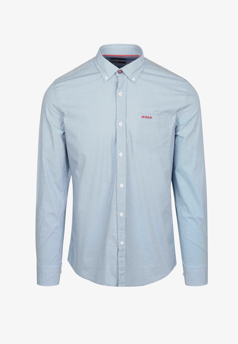 Lichtblauw overhemd met knopen, voorzien van een micro-patroon, lange mouwen en een zak. Heeft een rood logo op de borst en contrasterende manchetten.