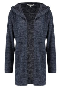 Mörkblå huvtröja med öppen front, långa ärmar och ett strukturerat stickmönster. Tyget verkar mjukt och något melerat.