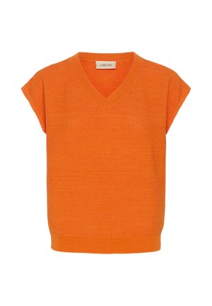 Oranžový pletený top s krátkym rukávom, výstrihom do V a rebrovaným lemom, s nápisom "CREAM" na vnútornej strane goliera.