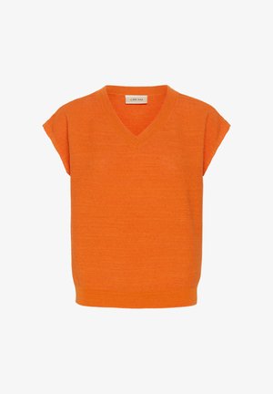 Narancssárga, rövid ujjú kötött felső V-nyakkivágással és bordázott szegéllyel, belső gallérján a "CREAM" felirattal.