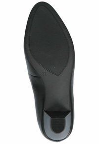 Semelle de chaussure pour femme noire avec un bout pointu, zone de grip texturée, taille 37 marquée et petit talon carré.