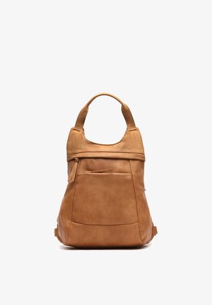 Tan leather handbag with a single handle, front zipper pocket, and soft, structured design on a white background.