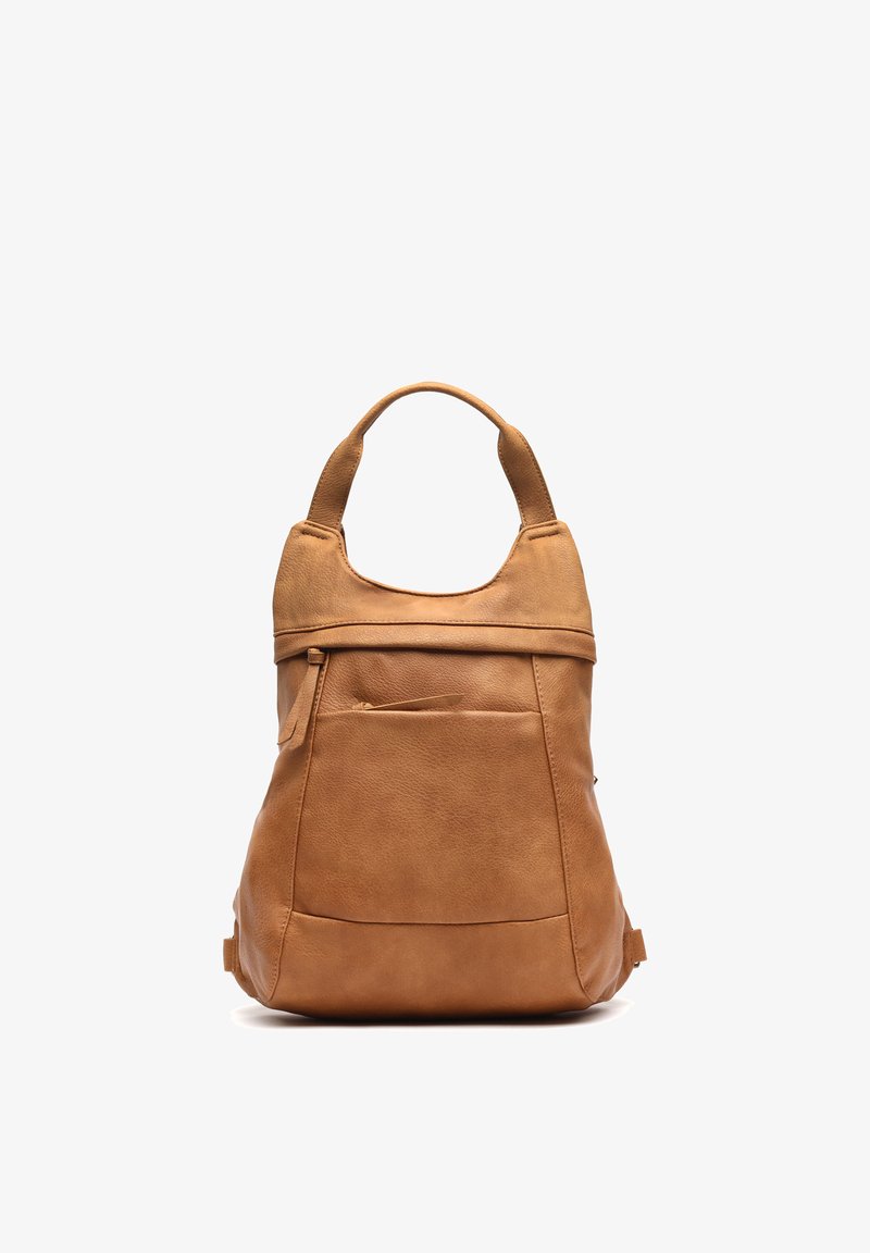 Sac à main en cuir fauve avec une poignée unique, une poche zippée à l'avant, et un design doux et structuré sur fond blanc.