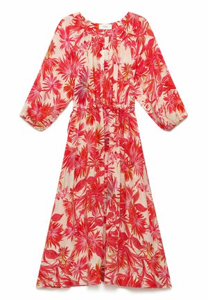 Vestito midi a maniche lunghe con stampa floreale tropicale rosa, rossa e arancione, scollo rotondo, bottoni sul davanti e vita aderente.