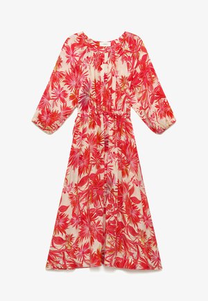 Robe midi à manches longues avec imprimé floral tropical rose, rouge et orange, encolure ronde, fermeture boutonnée devant et taille cintrée.