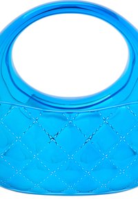 Modrá plastová kabelka s kulatým držadlem, prošívaným vzorem a bílými švy. Hladký povrch s lesklým finišem.