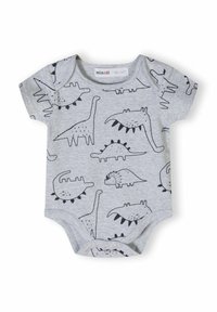 Sivi jednodijelni kombinezon s kratkim rukavima i crnim printom dinosaura, koji prikazuje razne oblike i teksture dinosaura, s patentnim zatvaračem na dnu.