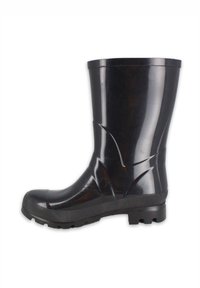 Botte de pluie en caoutchouc noir avec une finition brillante, bout arrondi et semelle texturée. Présente un haut tige et des détails latéraux distinctifs.