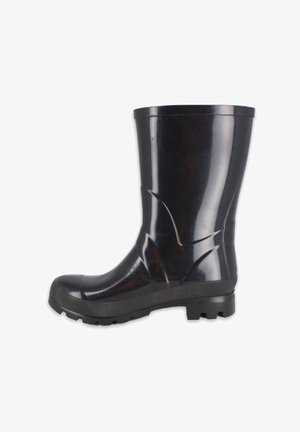 Schwarzer Gummi-Regenstiefel mit glänzender Oberfläche, runder Zehenform und strukturierter Sohle. Verfügt über einen hohen Schaft und auffällige Seitenverzierungen.