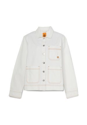 Valge denim jakk krae, hõbedased nööbid, kaks esivagunit, oranž õmblus ja logotempel vasaku tasku kohal.