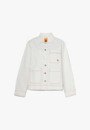 Valge denim jakk krae, hõbedased nööbid, kaks esivagunit, oranž õmblus ja logotempel vasaku tasku kohal.