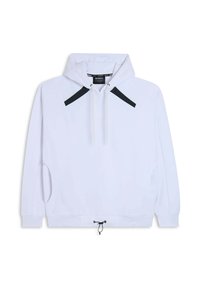 Felpa bianca realizzata in tessuto morbido, con dettagli neri sulle spalle, cappuccio con cordini e vita regolabile con un toggle.