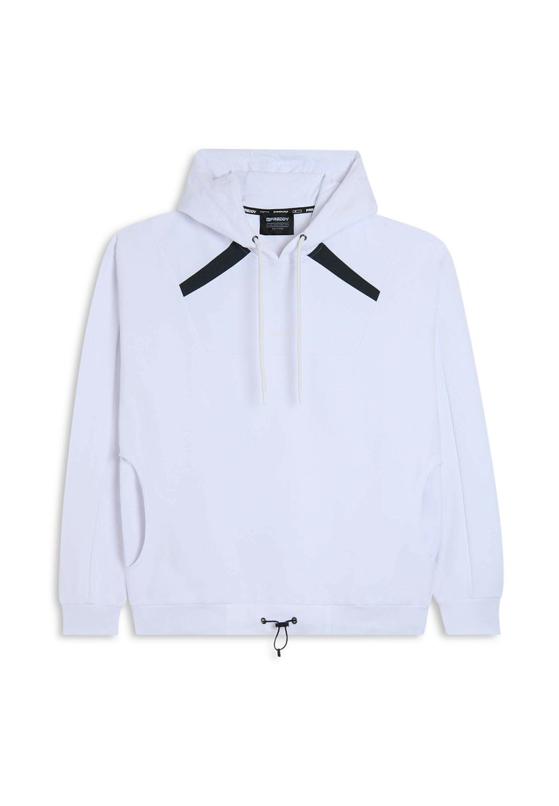 Felpa bianca realizzata in tessuto morbido, con dettagli neri sulle spalle, cappuccio con cordini e vita regolabile con un toggle.
