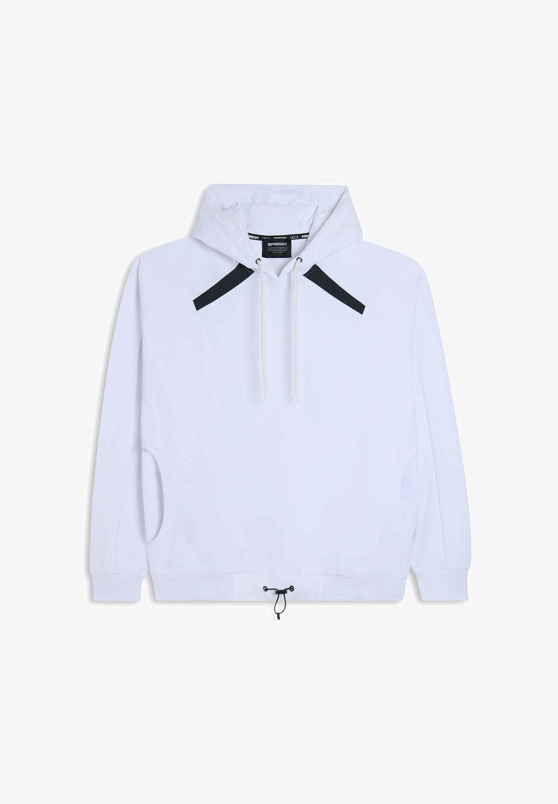 Felpa bianca realizzata in tessuto morbido, con dettagli neri sulle spalle, cappuccio con cordini e vita regolabile con un toggle.