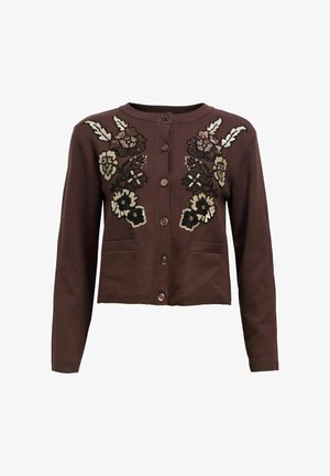 Brauner gestrickter Cardigan mit langen Ärmeln, rundem Halsausschnitt, Knöpfen und floraler Stickerei mit Pailletten in verschiedenen Farben.