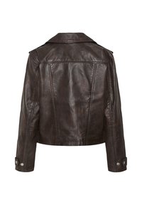 Veste en cuir marron foncé vue de dos avec manches longues, détails des coutures et poignets boutonnés sur fond blanc.