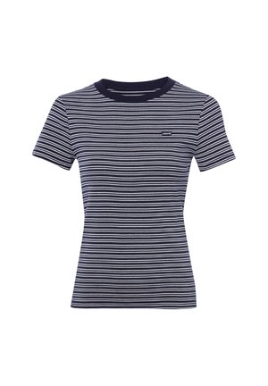 Camiseta de manga corta a rayas horizontales en azul marino y blanco, con cuello redondo y pequeño logo de Levi's en el pecho.