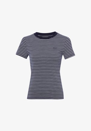 Granatowo-biała koszulka w poziome paski, z krótkim rękawem, okrągłym dekoltem i małym logo Levi's na piersi.