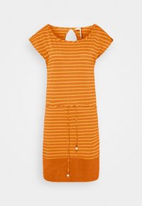 Raidallinen oranssi mekko lyhyillä hihoilla, avainrei'ellä selässä, nyörivyöllä ja erottuvalla alalaitalla. Puuvillamateriaali, jossa on sileä pinta.