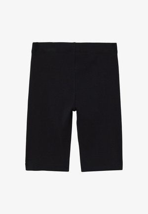 Schwarze gerippte Stretchshorts mit taillierter Passform, ausgestattet mit einem elastischen Bund und glattem Material. Keine sichtbaren Marken oder Details.