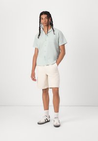 Lys grøn kortærmet skjorte med knaplukning og et struktureret mønster, parret med cremede shorts og sorte og hvide sneakers.