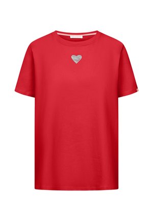 Red short-sleeve crewneck t-shirt with a small silver heart embroidered centered below the collar.