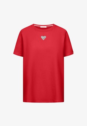 Red short-sleeve crewneck t-shirt with a small silver heart embroidered centered below the collar.