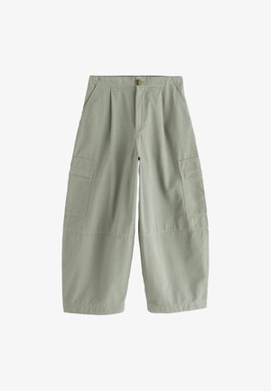 Hellgrüne, weit geschnittene Cargohose mit seitlichen Klappentaschen, vorderer Knopfleiste und Reißverschluss.