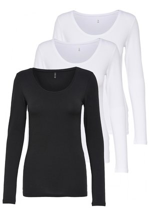 Set of three long-sleeve shirts: one black and two white. Each features a scoop neckline and a smooth, fitted fabric texture.