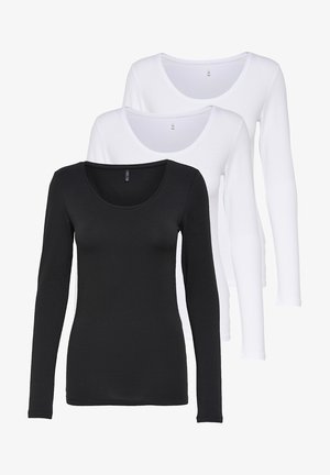 Set of three long-sleeve shirts: one black and two white. Each features a scoop neckline and a smooth, fitted fabric texture.