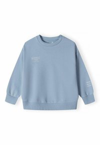 Sweat-shirt bleu clair avec col et poignets côtelés. Présente le texte "RESPECT 1996 ACTIVE" en blanc sur le devant et la manche. Texture de tissu lisse.