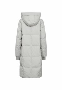 Hele hall puffer mantel kapuutsiga, ruudukujulise tikandiga, pikkade varrukatega ja elastsete mansettidega. Nähtavat riistvara ega aktsente ei ole.