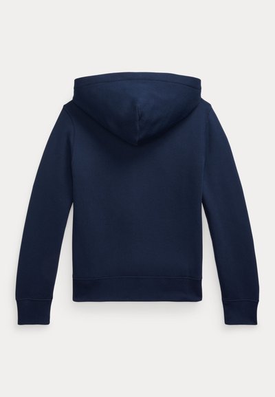 Tamsiai mėlynas ilgarankovis džemperis su gobtuvu, ribinėmis rankogalių apyrankėmis ir tiesiu apvadu, vaizduojamas iš nugaros ant balto fono.