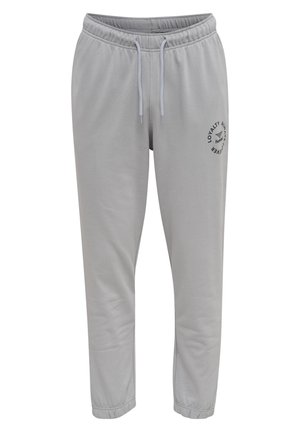 Lichtgrijze joggerbroeken met een elastische tailleband en een trekkoord. Bevat een klein zwart logo dat op de linkerdij is gedrukt. Zachte stofstructuur.