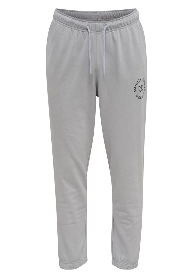 Hellgraue Jogginghose mit einem elastischen Bund und Kordelzug. Sie verfügt über ein kleines schwarzes Logo, das am linken Oberschenkel aufgedruckt ist. Weicher Stoff.