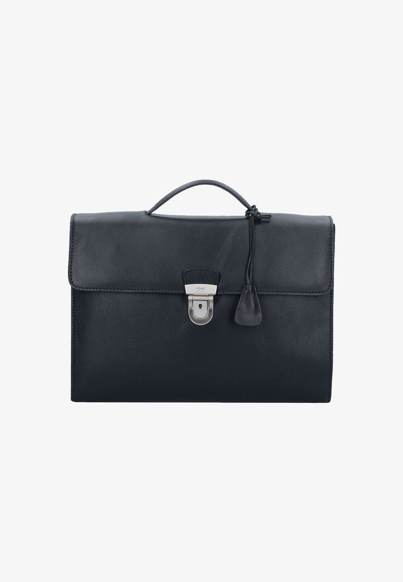 Black leather briefcase with top handle, silver lock clasp, and attached key cover on a white background.