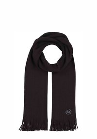 Tamsiai ruda megzta skara su kutais galinėse pusėse, vienoje pusėje mažas prekės ženklo logotipas. Minkšta tekstūra, stačiakampio formos.