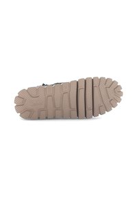 Sole of a beige shoe with deep tread patterns, brand name embossed, and size marking 4½ visible on textured rubber outsole.