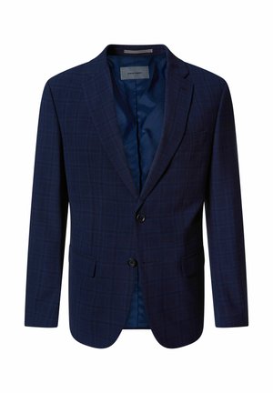 Blazer pour homme bleu marine avec un motif à carreaux subtil, fermeture à deux boutons, revers à cran et poches à rabat, déboutonné pour montrer la doublure intérieure lisse.
