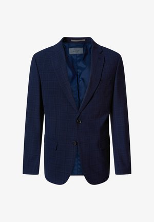 Blazer pour homme bleu marine avec un motif à carreaux subtil, fermeture à deux boutons, revers à cran et poches à rabat, déboutonné pour montrer la doublure intérieure lisse.