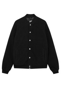 Veste bomber noire à boutonner, avec col, poignets et ourlet côtelés, dotée de deux poches latérales et de boutons-pression argentés à l’avant.