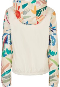 Lightweight jacket with a cream body and colorful floral-patterned sleeves, featuring a drawstring hood and elasticized cuffs.