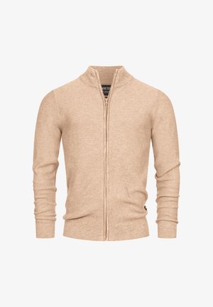 Beige zip-up cardigan with long sleeves, high collar, ribbed cuffs and hem, textured knit pattern. Subtle logo detail near hem.