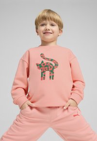 Sudadera rosa con un diseño de gato hecho de patrones verdes y florales; combinada con pantalones de chándal rosa a juego que presentan un logo en rojo.